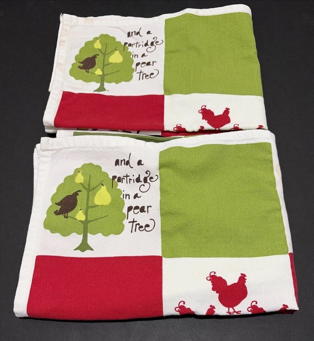 Crate & Barrel Kate Spain Twelve Days Christmas Dishtowels Set of 2 Cotton Flaw